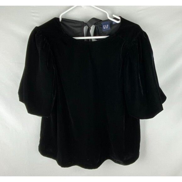 Gap Blouse Womens Medium Black Velvet Puff Sleeve Top Keyhole Ribbon Tie Holiday - Picture 1 of 12